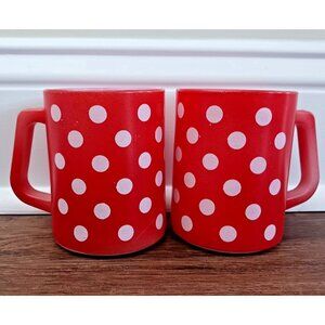 2 Vintage Coffee Mugs Federal Glass Red Polka Dot MCM Kitsch 1960s READ